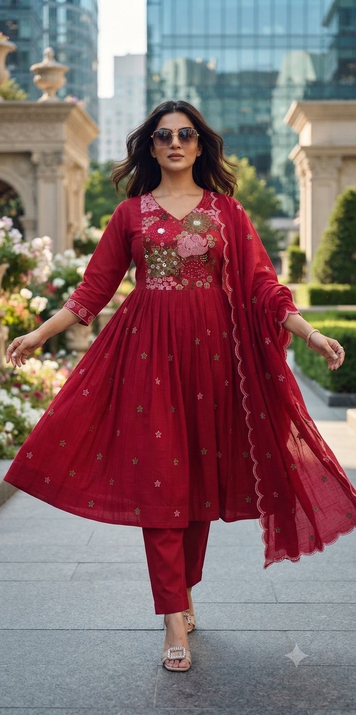 MUL CHANDERI JARKHAN WORK GHERA THREE PIECE SET
