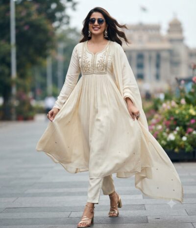 PF CHANDERI LONG ANARKALI STYLE THREE PIECE