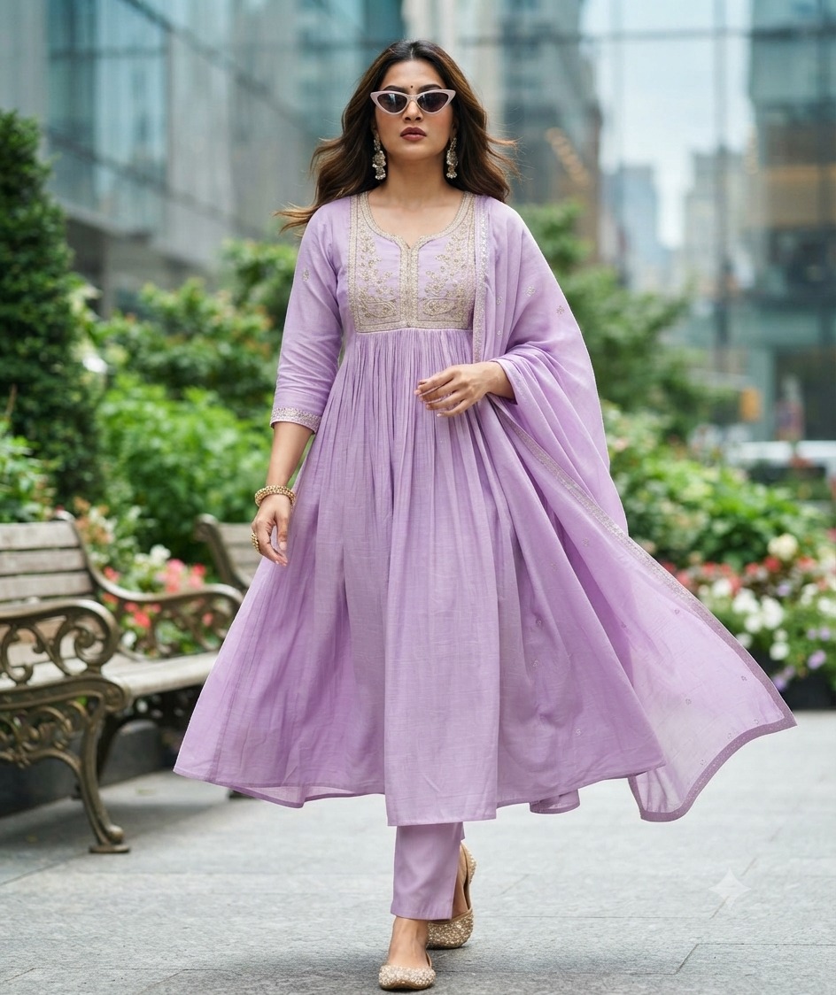 PF CHANDERI LONG ANARKALI STYLE THREE PIECE
