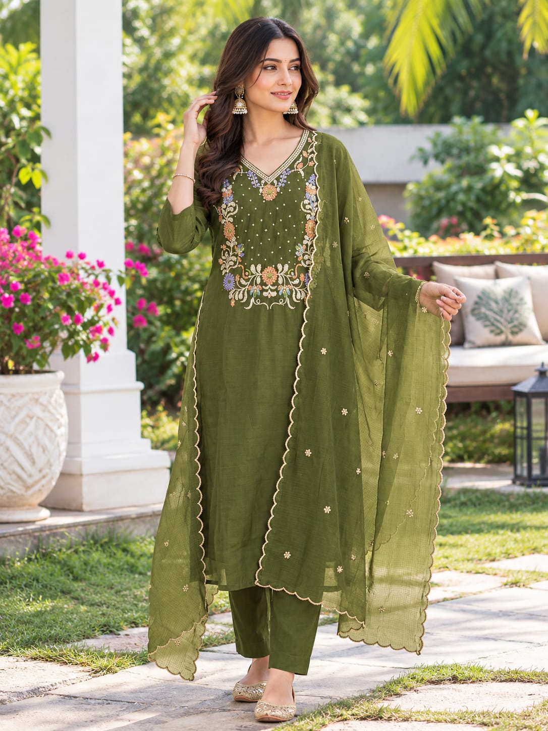 PF MUL CHANDERI HANDWORK THREE PIECE WHOLESALE