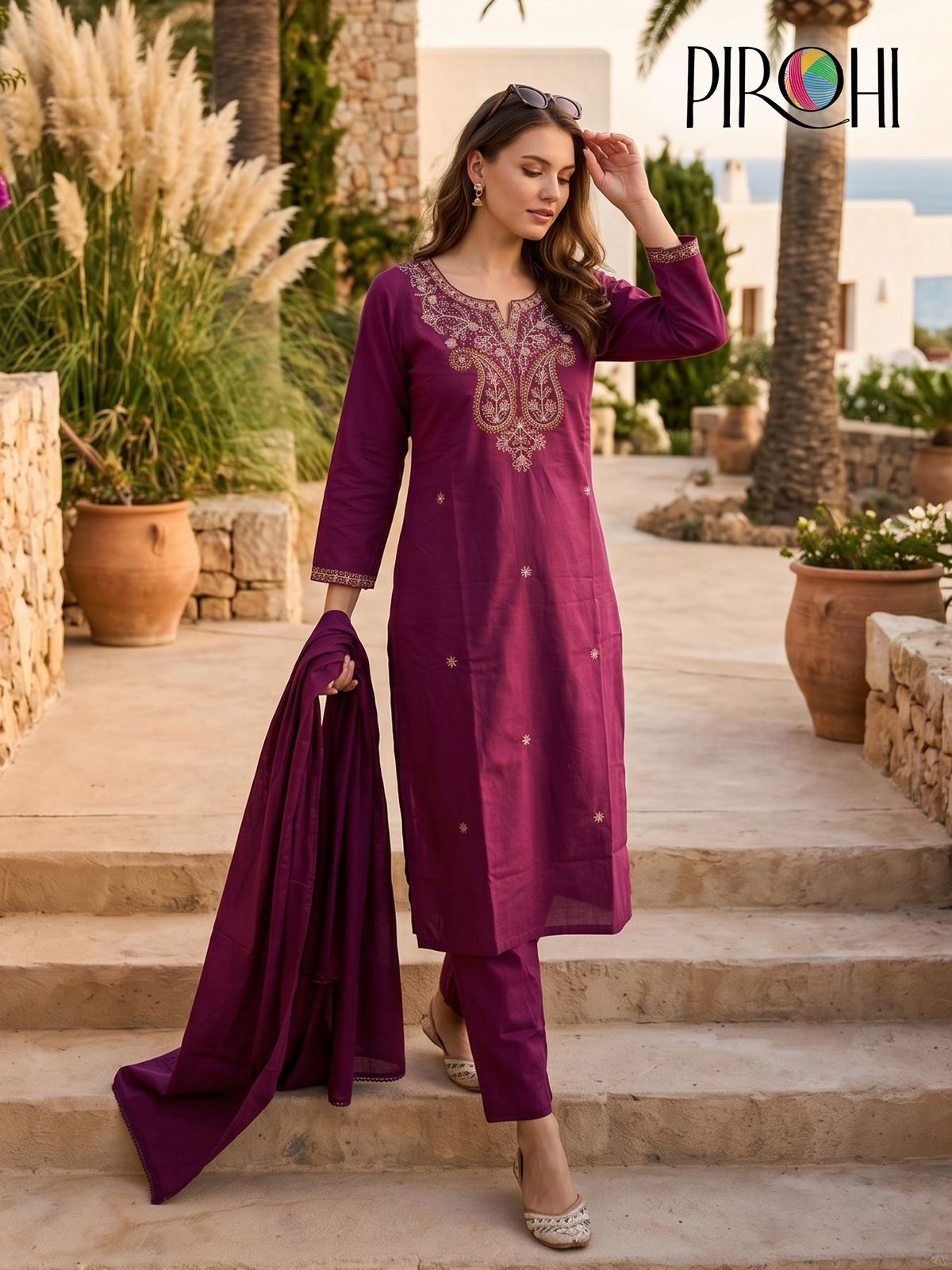 PIROHI FROOTI COTTON EMBROIDERED THREE PIECE