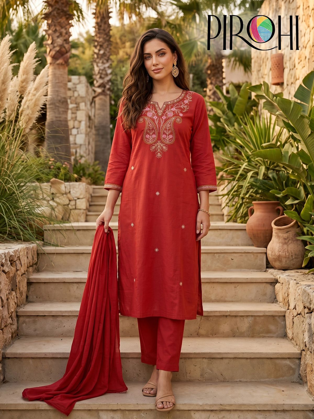 PIROHI FROOTI COTTON EMBROIDERED THREE PIECE