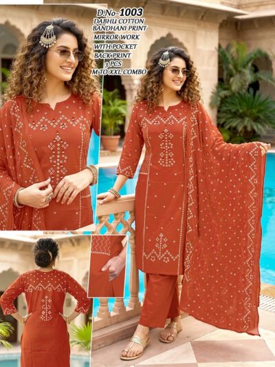 PURE DHABU COTTON BANDHANI PRINT THREE PIECE