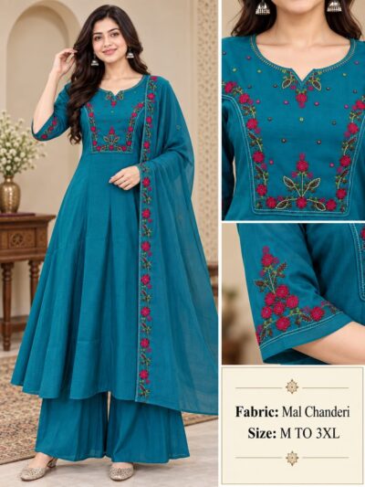PURE MUL CHANDERI ROUND PLAZA PAIR THREE PIECE