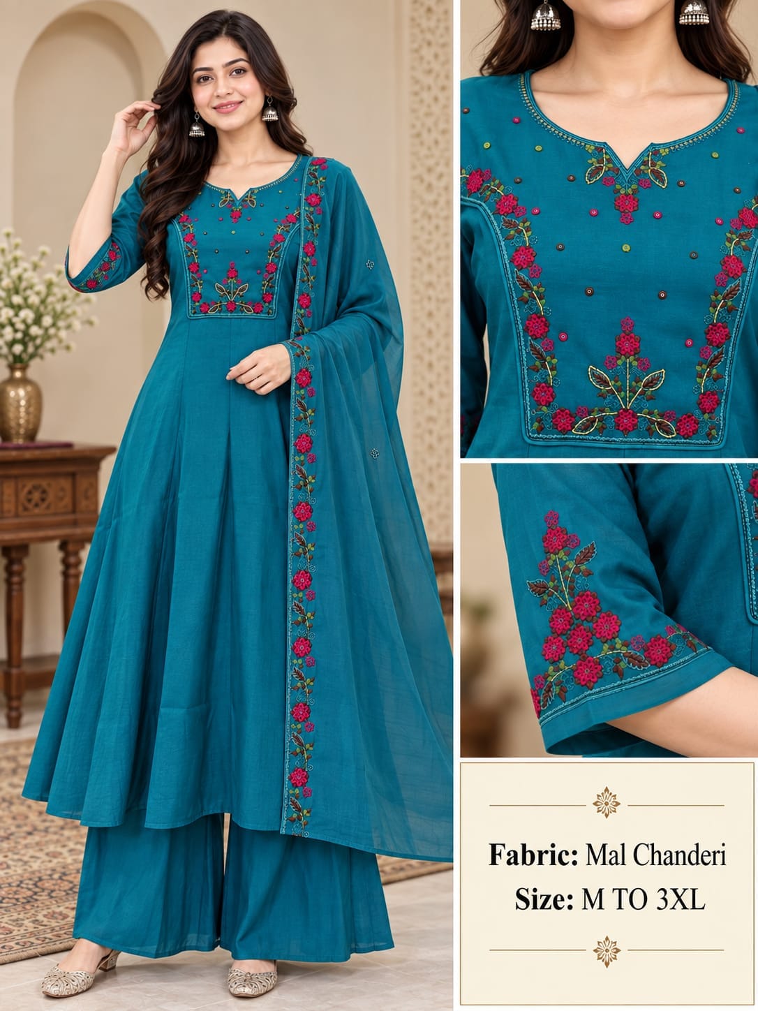 PURE MUL CHANDERI ROUND PLAZA PAIR THREE PIECE