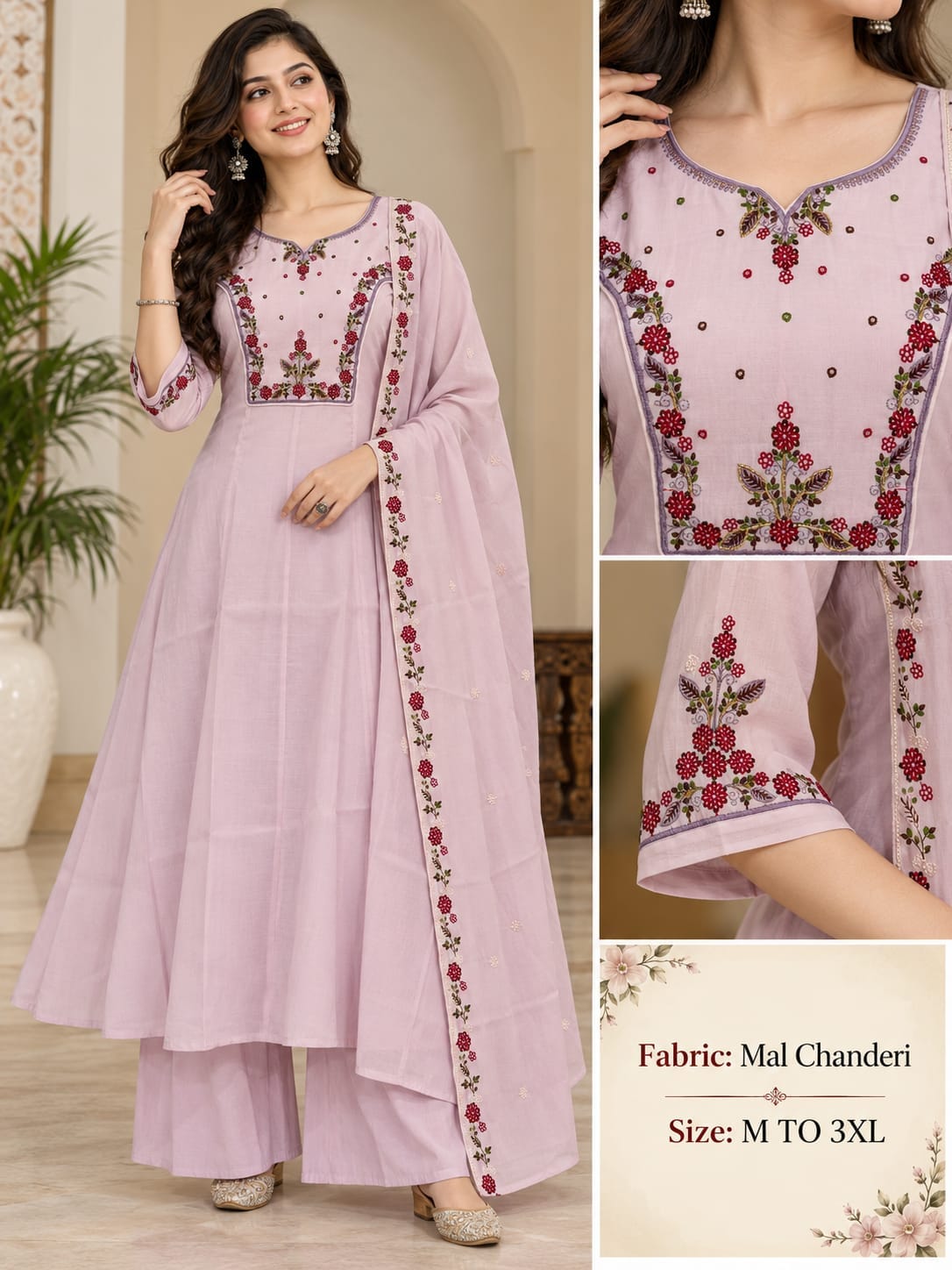 PURE MUL CHANDERI ROUND PLAZA PAIR THREE PIECE