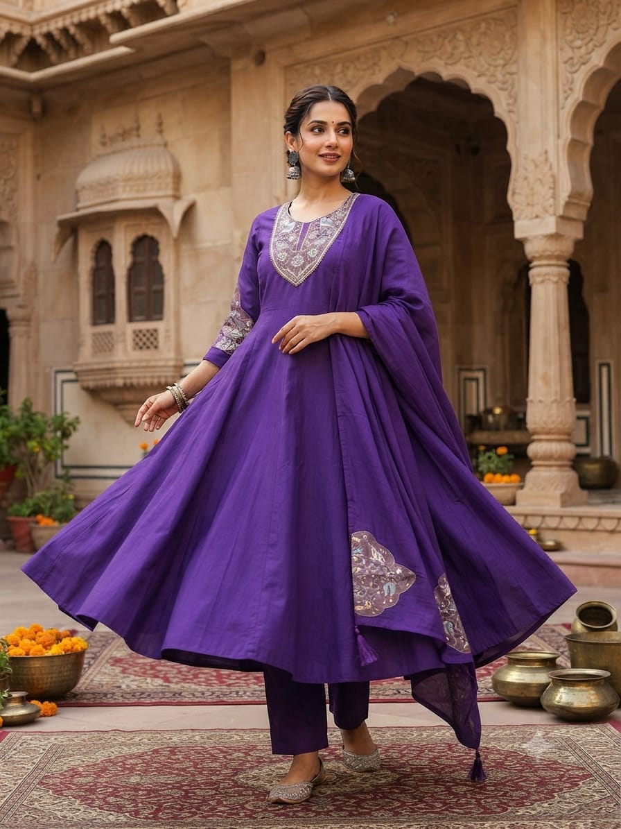 ROMAN SILK EMBROIDERED THREE PIECE KURTI SET