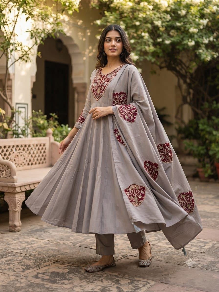 ROMAN SILK EMBROIDERED THREE PIECE KURTI SET