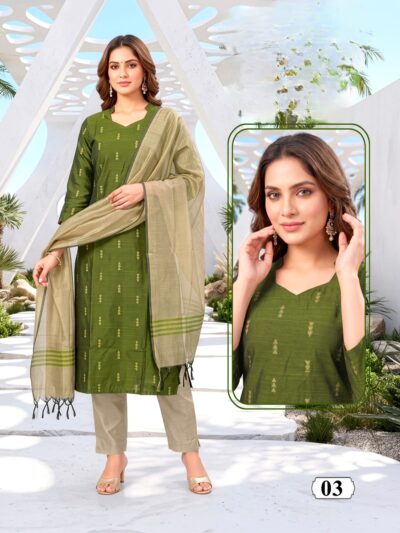 VD RAW SILK READYMADE THREE PIECE SET WHOLESALE