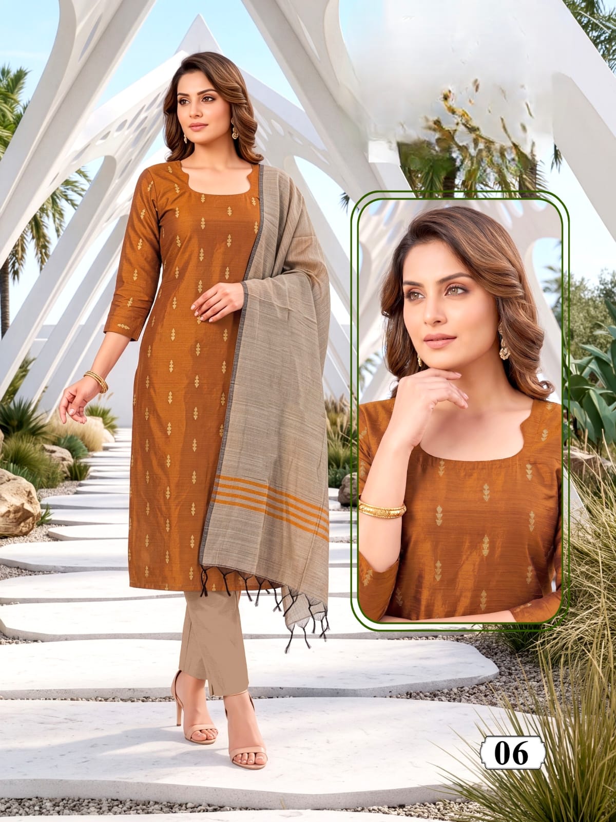 VD RAW SILK READYMADE THREE PIECE SET WHOLESALE