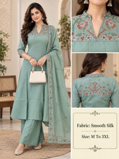 VK LATEST SOFT SILK THREE PIECE PLAZA PAIR KURTI SET