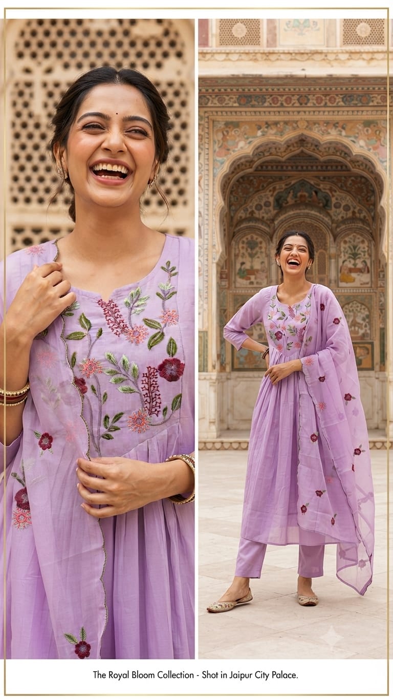 VK MUL CHANDERI THREE PIECE KURTI SET IN WHOLESALE