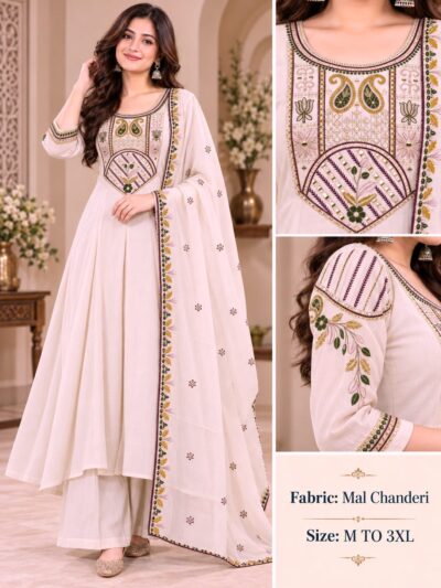VKF MUL CHANDERI THREE PIECE ROUND PLAZA PAIR SET