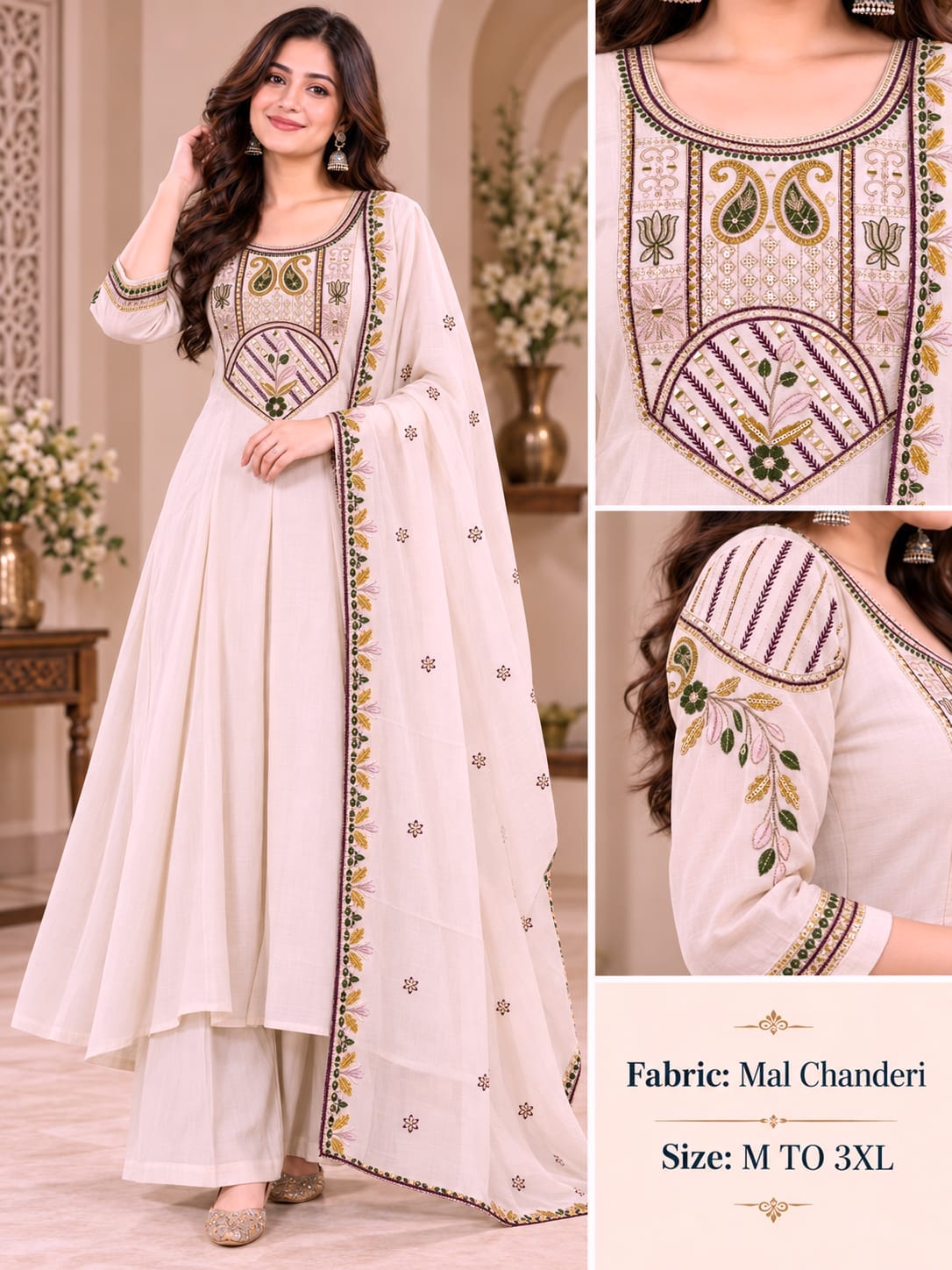 VKF MUL CHANDERI THREE PIECE ROUND PLAZA PAIR SET