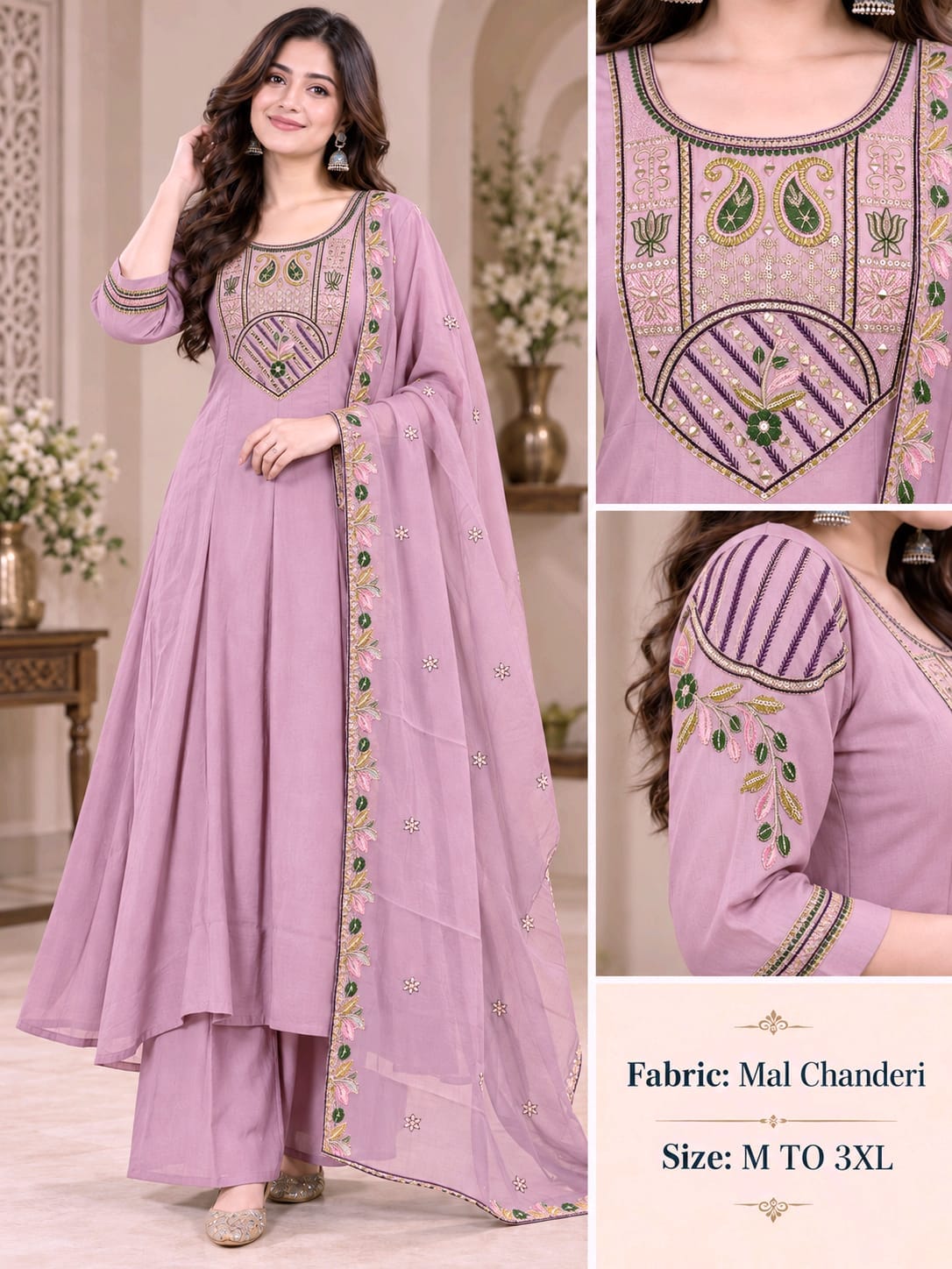 VKF MUL CHANDERI THREE PIECE ROUND PLAZA PAIR SET