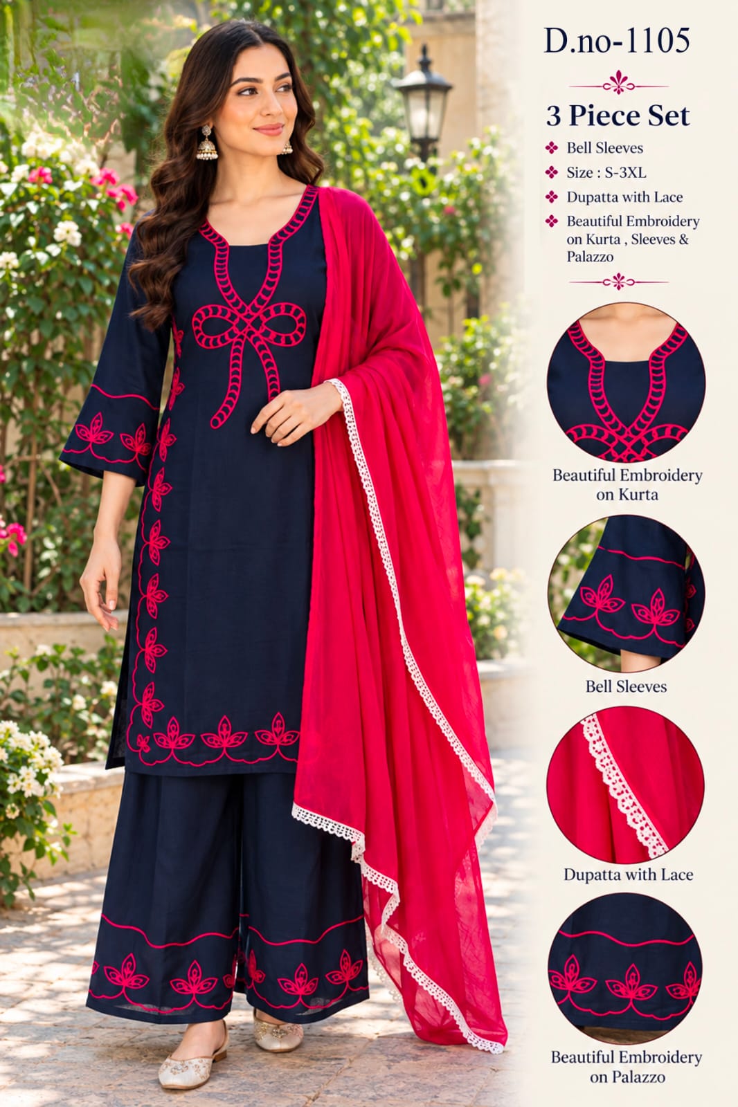 VMR RAYON EMBROIDERED THREE PIECE SET WHOLESALE