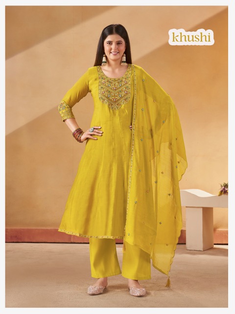 AT KHUSHI MULL CHANDERI HANDWORK THREE PIECE SET