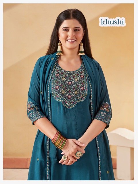 AT KHUSHI MULL CHANDERI HANDWORK THREE PIECE SET