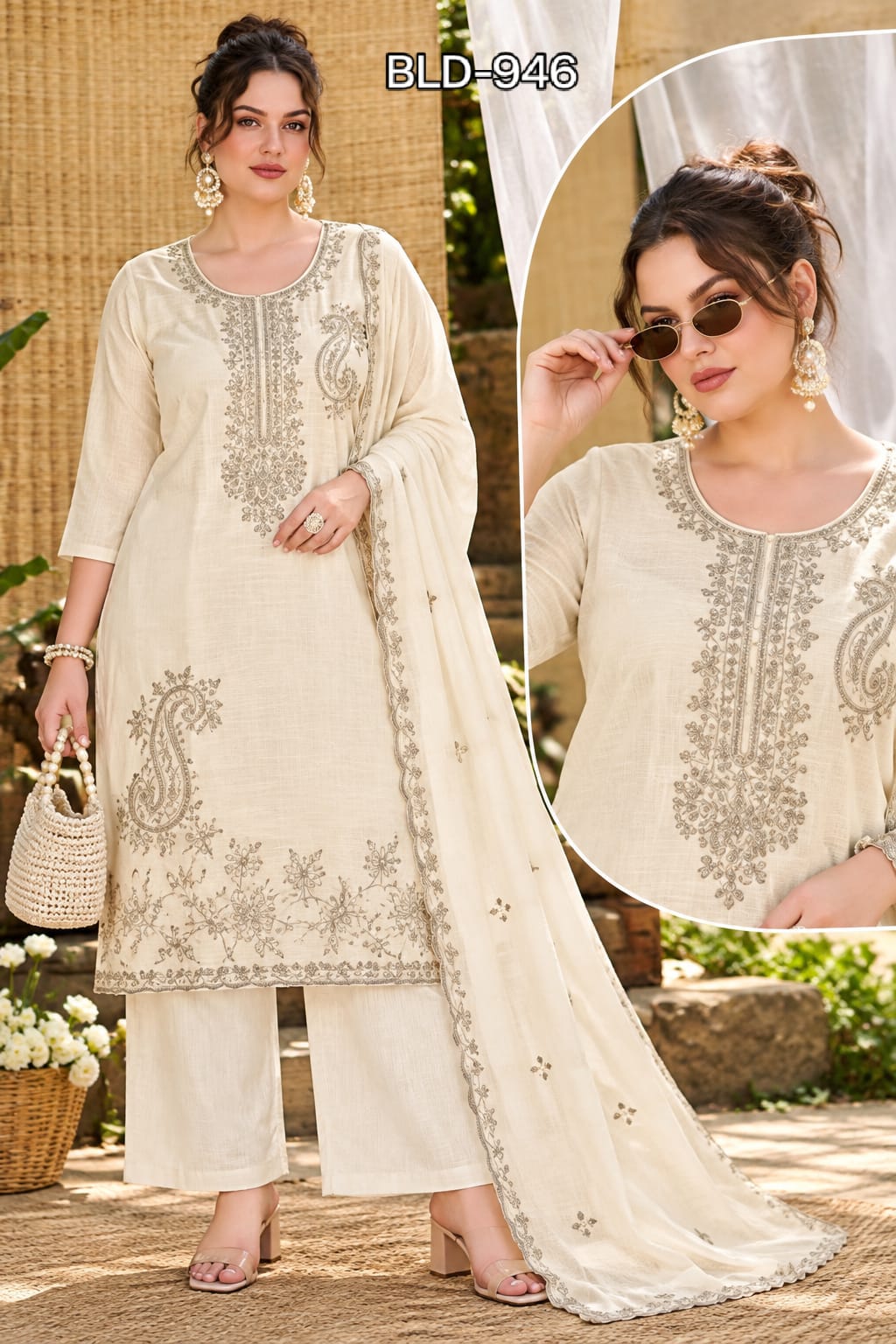 BL 947 MULL CHANDERI BEATS WORK THREE PIECE WHOLESALE
