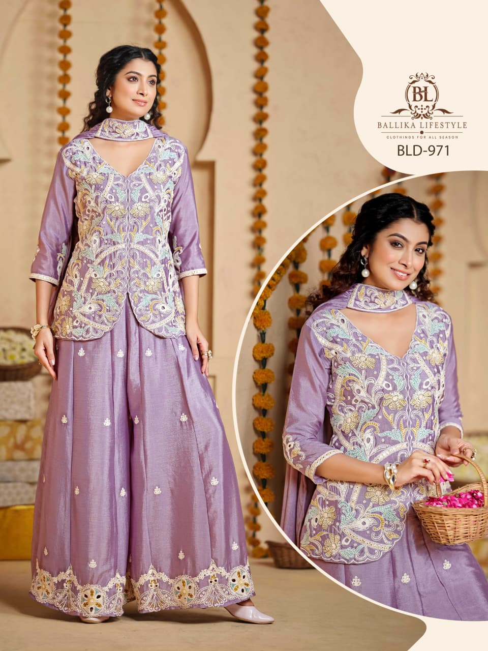 BL 971 TO 974 HANDWORK CHINON KURTI WITH PALAZZO SET