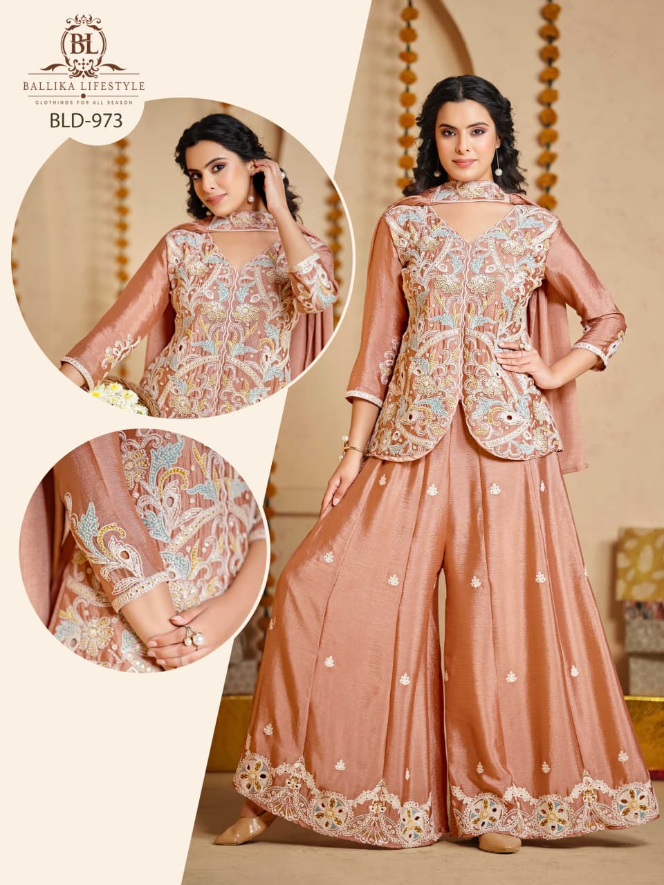 BL 971 TO 974 HANDWORK CHINON KURTI WITH PALAZZO SET