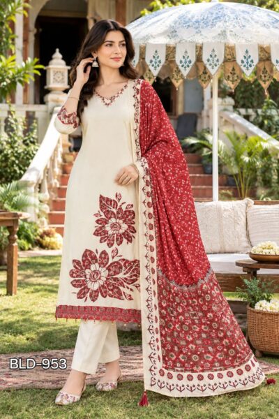 BL CREPE HANDWORK THREE PIECE KURTI SET IN WHOLESALE