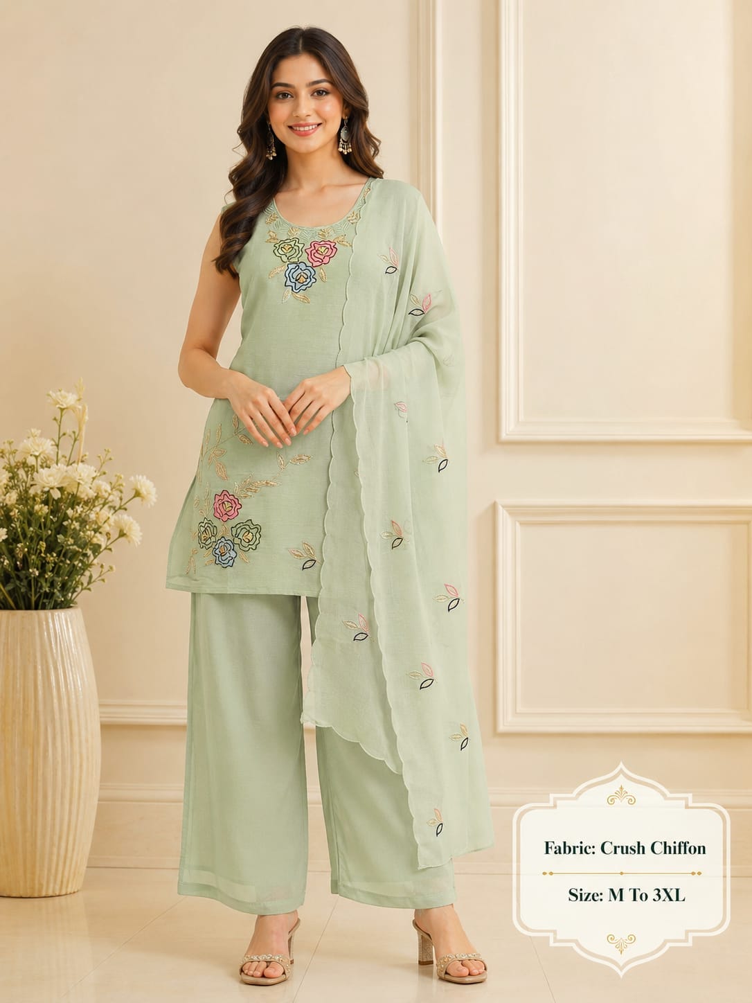 CRUSH CHIFFON THREE PIECE PLAZA PAIR SET WHOLESALE