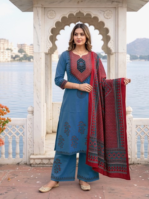 DHABU COTTON WITH KATHA MIRROR HANDWORK KURTI