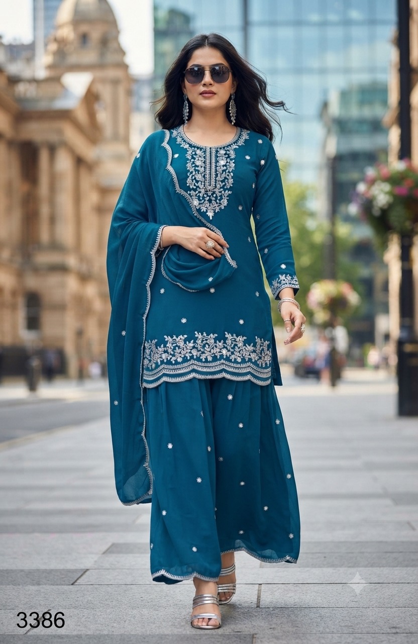 FANCY CHINON EMBROIDERED THREE PIECE COMBO SET