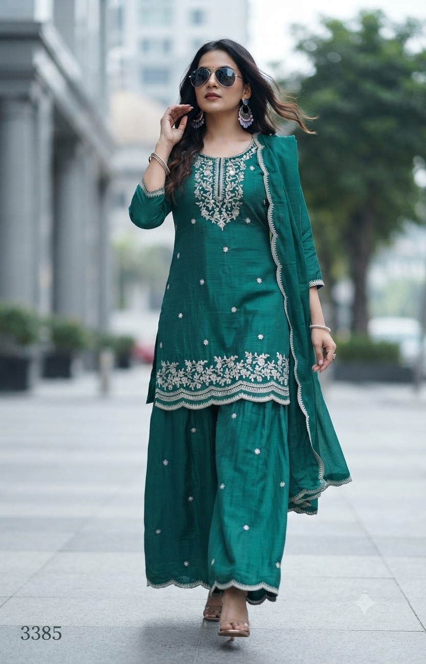 FANCY CHINON EMBROIDERED THREE PIECE COMBO SET