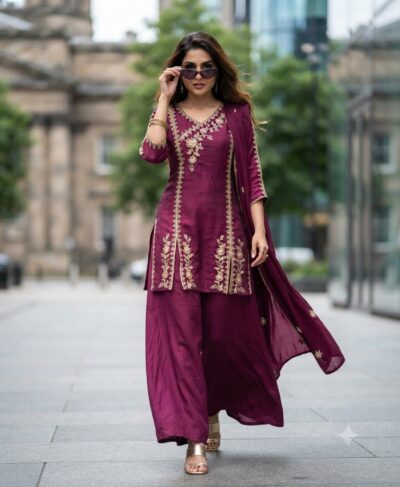 FANCY CHINON EMBROIDERED THREE PIECE SALWAR