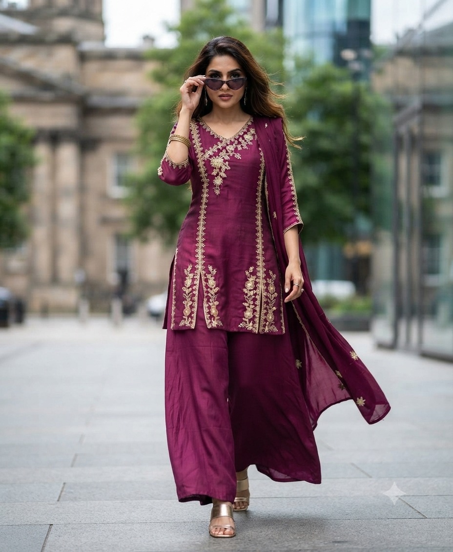 FANCY CHINON EMBROIDERED THREE PIECE SALWAR