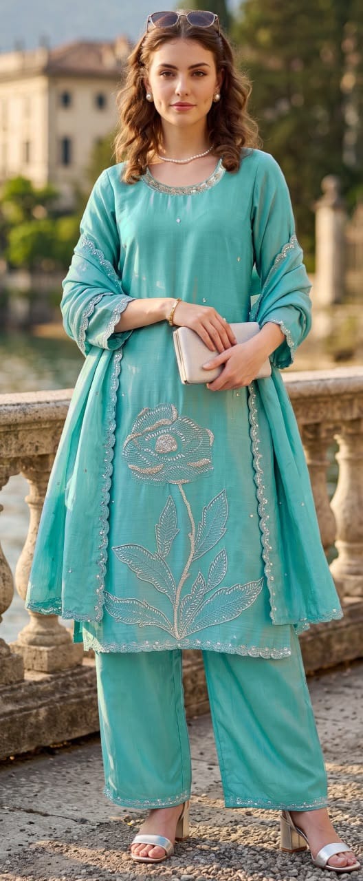 FANCY CRUSH SILK BEADS WORK DESIGNER THREE PIECE