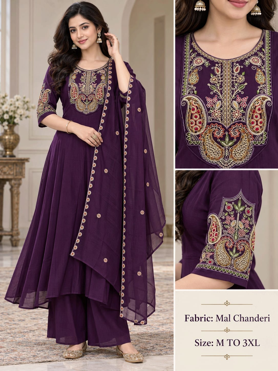FANCY MULL CHANDERI THREE PIECE PLAZA PAIR COMBO