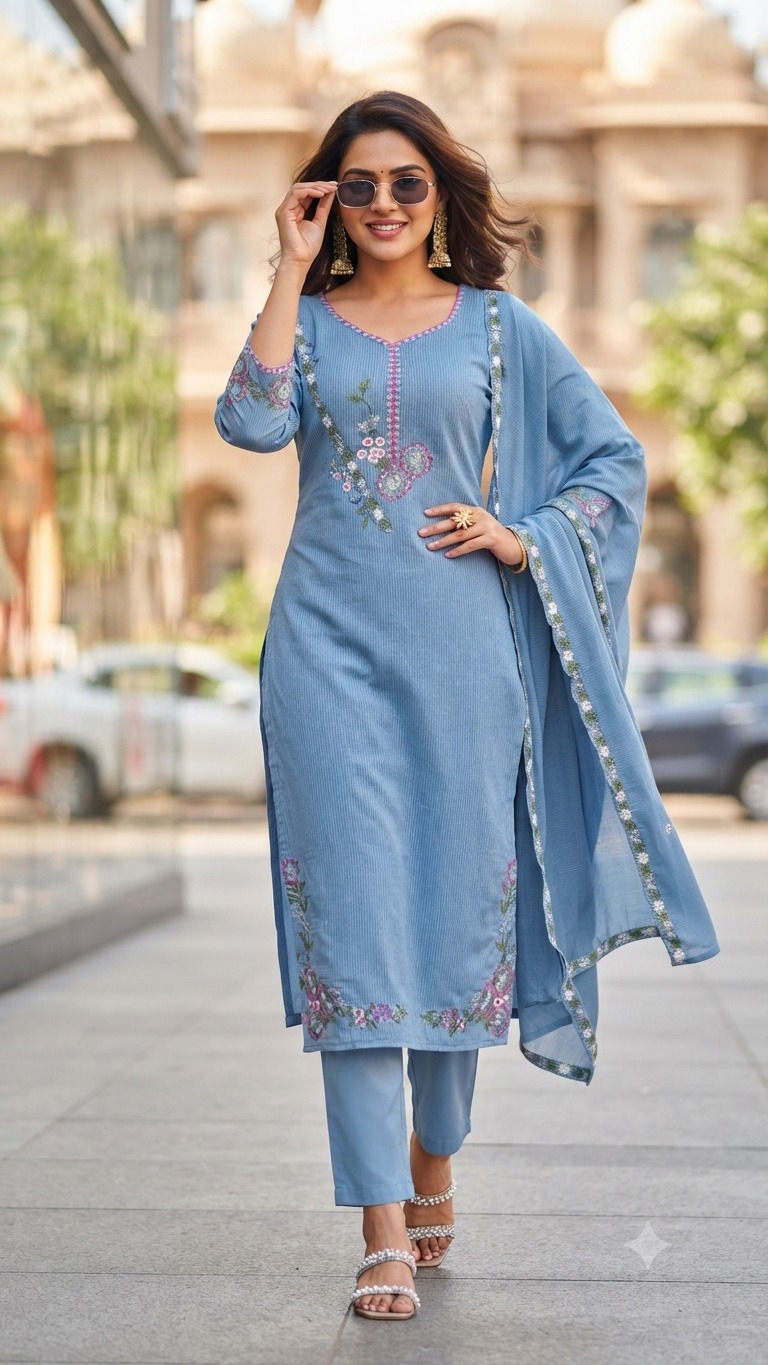 FASHION FEEL MULL CHANDERI THREE PIECE SET