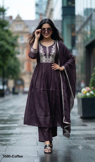 FF MULL CHANDERI THREE PIECE KURTI SET IN WHOLESALE