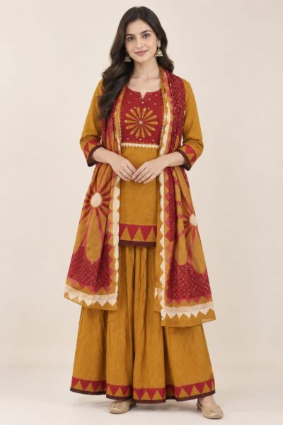 FULL GHERA SKIRT COTTON THREE PIECE SET IN WHOLESALE