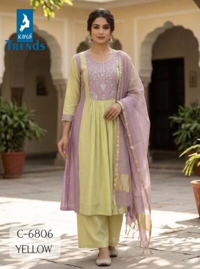 KAYA 6806 MULL CHANDERI PURE HANDWORK KURTI SET