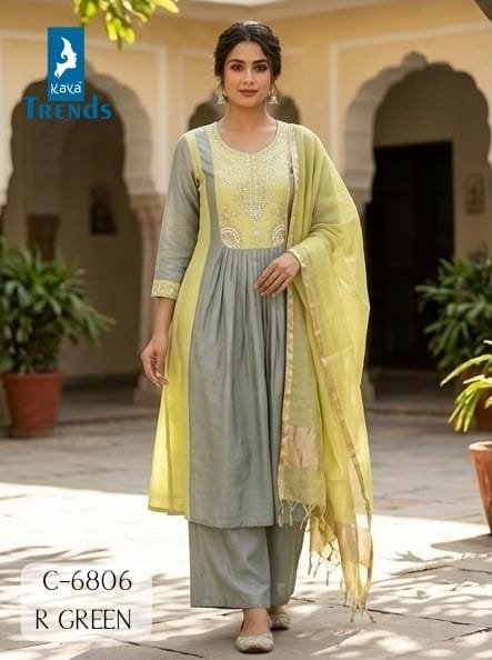 KAYA 6806 MULL CHANDERI PURE HANDWORK KURTI SET