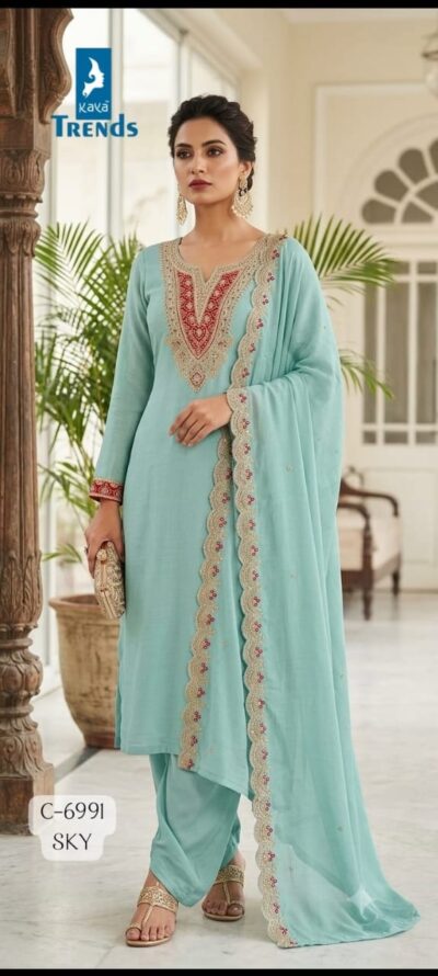 KAYA 6991 MUL CHANDERI DORI WORK LONG THREE PIECE