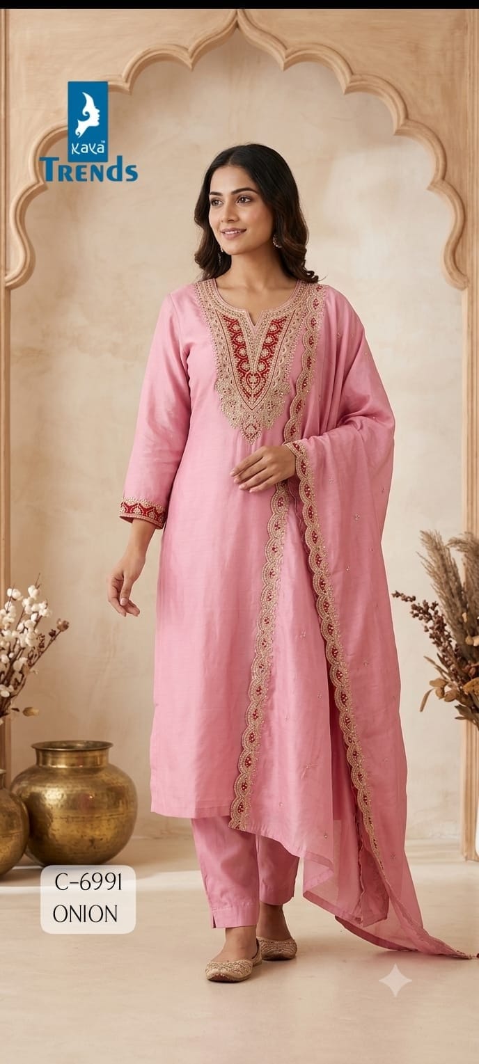 KAYA 6991 MUL CHANDERI DORI WORK LONG THREE PIECE
