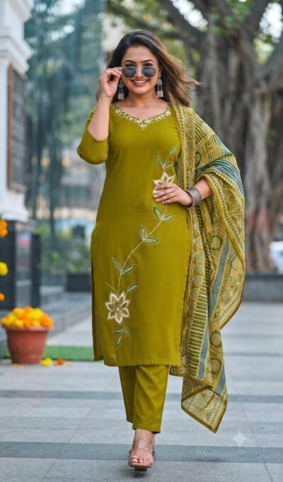 LATEST COTTON EMBROIDERED THREE PIECE KURTI SET