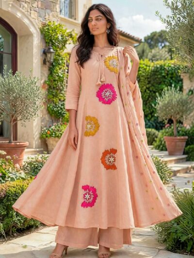LATEST MULL CHANDERI FANCY WORK KURTI SET