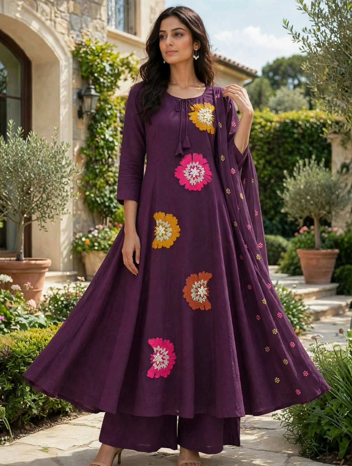 LATEST MULL CHANDERI FANCY WORK KURTI SET