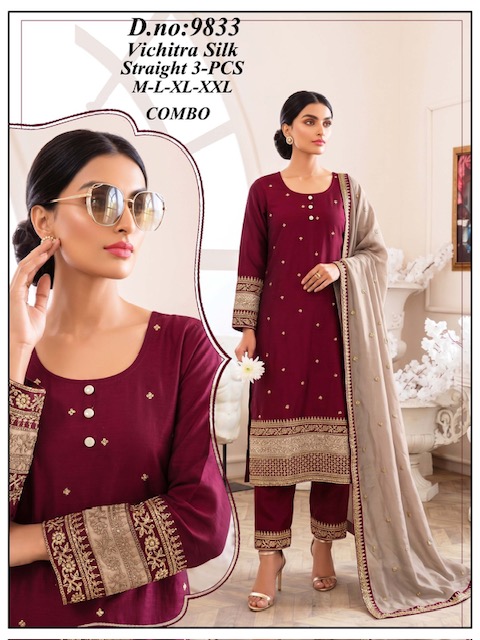 LATEST VICHITRA SILK STRAIGHT THREE PIECE KURTI SET