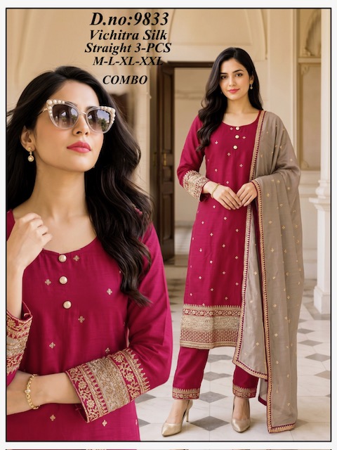 LATEST VICHITRA SILK STRAIGHT THREE PIECE KURTI SET