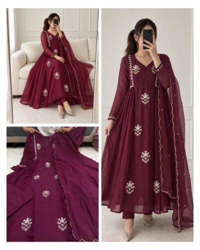 MT 1420 MULL CHANDERI HANDWORK ANARKALI WHOLESALER