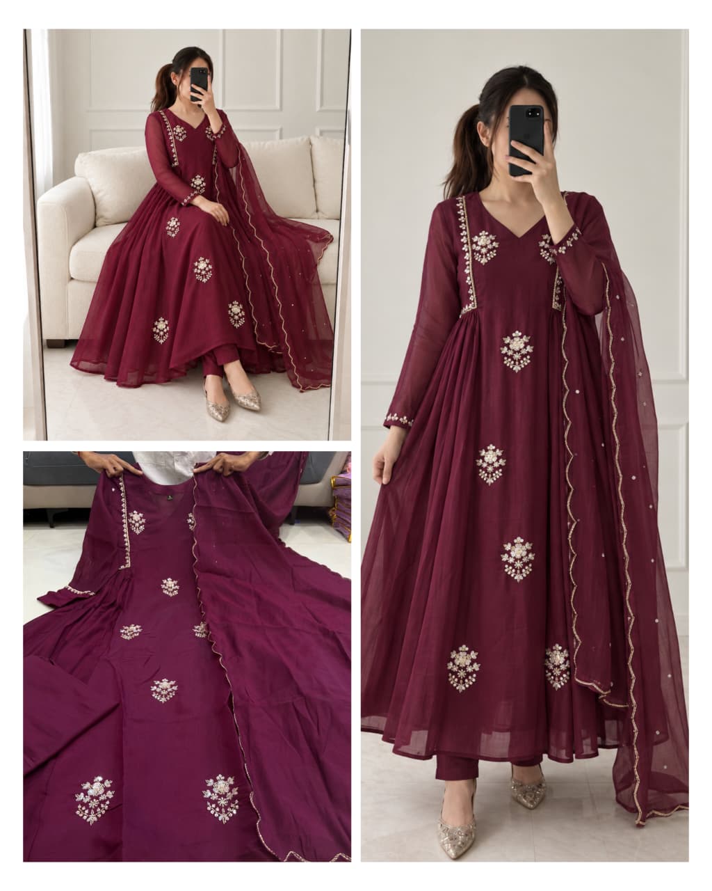 MT 1420 MULL CHANDERI HANDWORK ANARKALI WHOLESALER