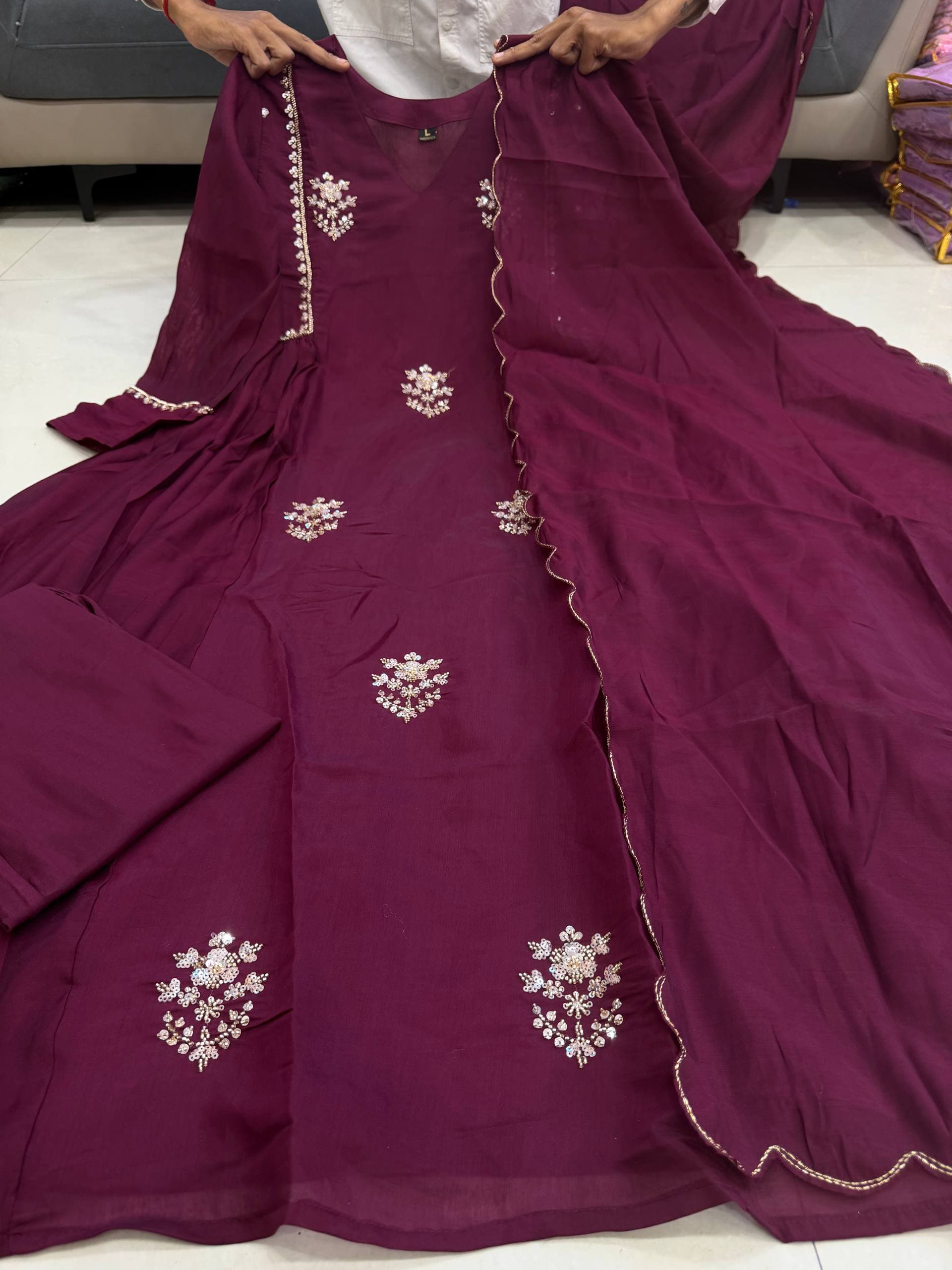 MT 1420 MULL CHANDERI HANDWORK ANARKALI WHOLESALER