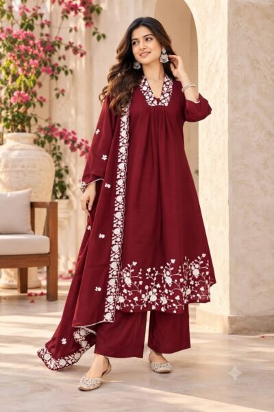 MUL CHANDERI A LINE THREE PIECE SET IN WHOLESALE